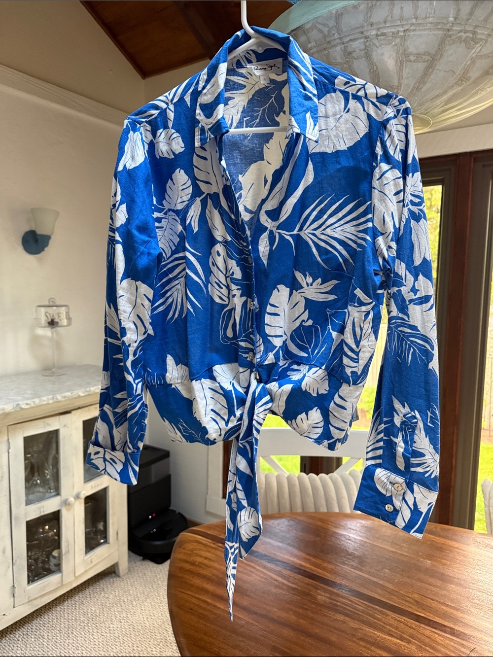 Panama Jack Blue and White Tropical Tie-Front Blouse